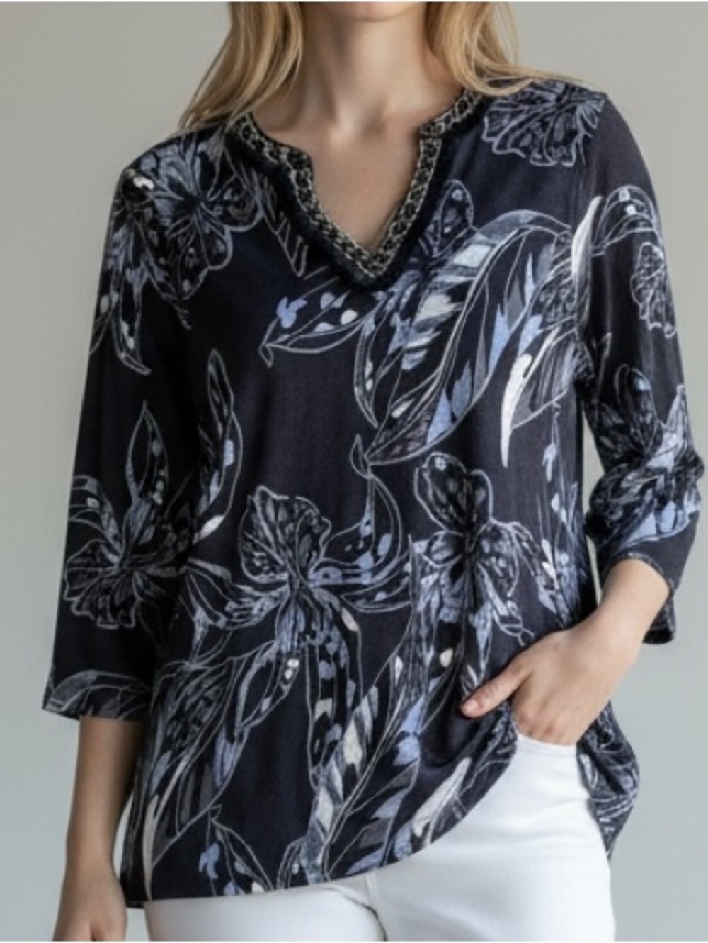 ✨Chico’s Navy & White Floral Linen Tunic | Breezy Coastal Sz 3 (16/18)